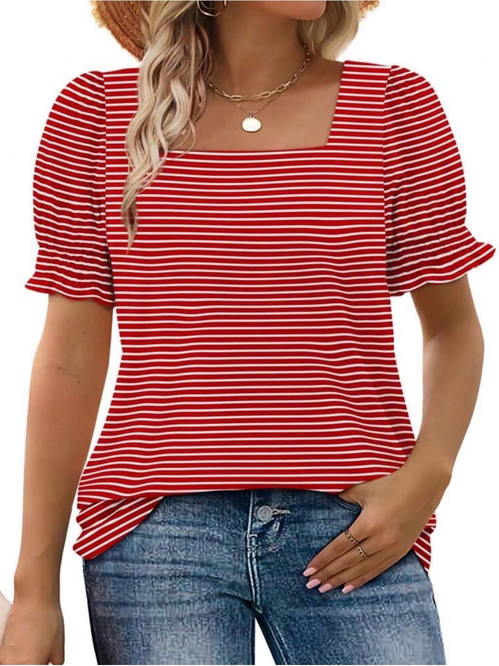 NWOT Red & White Striped Puff Sleeve Top | Size Medium boutique style